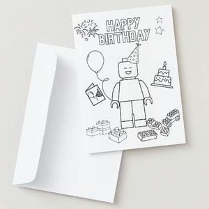 Cartão de colorir de aniversário de tijolos de construção, cartão de feliz aniversário de blocos de construção, cartão de colorir para impressão, blocos para colorir,