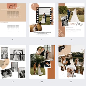 May include: A wedding photography portfolio with a collage of images showcasing a couple's wedding day. The images include the couple getting ready, the ceremony, the reception, and the couple's portraits. The portfolio is designed with a modern and minimalist aesthetic, featuring a neutral color palette of beige, brown, and white.