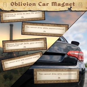 Puede incluir: Imán para coche Oblivion con varios diseños basados en texto. Los diseños incluyen frases como "Continúa conduciendo para ganar el perdón de Dios" y "No puedes conducir mientras estás sobrecargado". Los imanes se muestran en un coche negro.