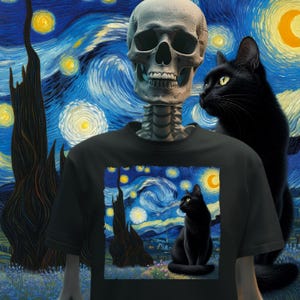 Camiseta con cielo nocturno de gato negro / Arte felino inspirado en la noche estrellada / Regalo perfecto para amantes de los gatos / Camiseta con parodia graciosa de gato Regalo divertido para gatos