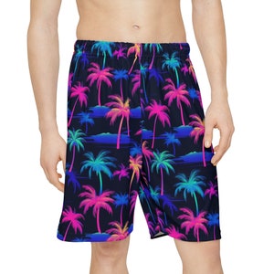 Vibrant Neon Palm Tree Men&#39;s Shorts - Bright Tropical Rave Wear, Colorful Summer Festival Shorts, Bold Activewear for Men EDM Raver Shorts
