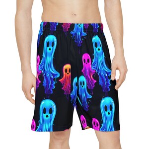 Neon Floating Ghost Men&#39;s Shorts - Trippy Ghost Festival Wear, EDM Raver Shorts, Colorful Activewear for Men, Bold Halloween Style