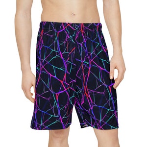 Neon Spiderwebs Men&#39;s Shorts - Trippy Web Festival Wear, Raver Shorts for EDM, Colorful Activewear for Men, Bold Halloween Style