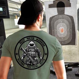 Deep Water Warrior Shirt | Tactical Shark Tee | Ocean Elite Military-Inspired Patriotic Humor | Funny Graphic for Shark and Tactical Fans