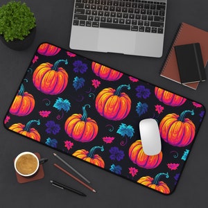Neon Pumpkins Blacklight Style XL Gaming Mouse Pad Halloween-Themed Extended Desk Mat | Vibrant, Non-Slip Design for PC Gamers & Office