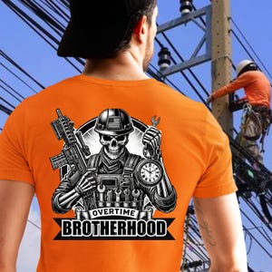 Overtime Brotherhood Tactical Skeleton Hi-Viz Safety Shirt | Blue Collar Work | Funny Hard Hat Worker Tee | Hilarious Construction Gift