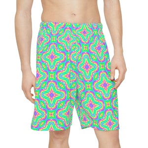 Psychedelic Trippy Shapes Men&#39;s Shorts - Kaleidoscope Festival Wear, Mind-Bending EDM Raver Shorts, Vibrant Activewear for Men