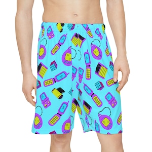 Retro 90s Tech Theme Men&#39;s Shorts - Vintage 90s Throwback EDM Shorts, Vibrant Festival Activewear, Colorful Retro Streetwear for Men