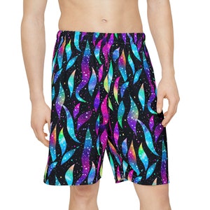 Glitter Neon Pink Blue Abstract Waves Men&#39;s Shorts - Fun Trippy Rave Shorts, Psychedelic Festival Activewear, Bold Colorful Streetwear