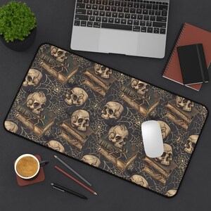 Gothic Skulls on Books XL Extended Gaming Desk Mat Dark Witchy Aesthetic Mouse Pad | Non-Slip Design for PC Gamers Eerie Goth Vibes Gift