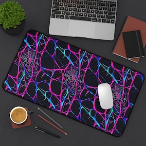 Neon Fluorescent Spiderwebs XL Gaming Mouse Pad Blacklight Style Extended Desk Mat | Vibrant, Non-Slip Design for PC Gamers & Office