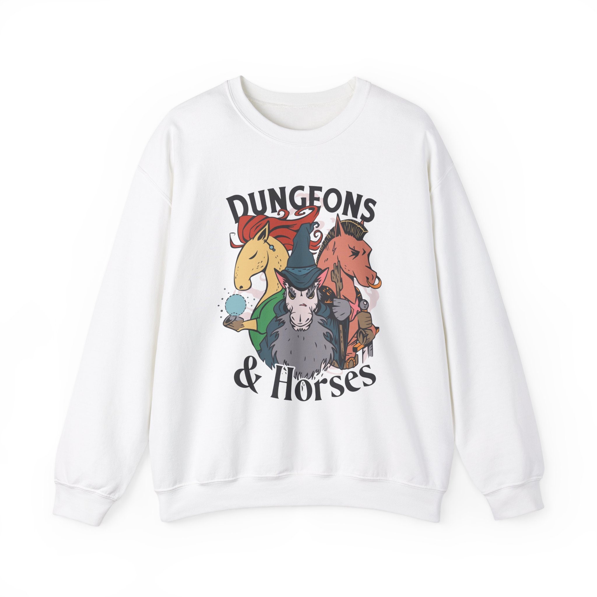 Dungeons and Horses Funny D&D Parody Sweatshirt | Nerdy Fantasy Game Sweater Horse Lovers | Unique Winter Gift | Cozy Fun Sweatshirt Gamers