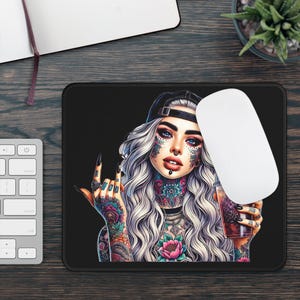 Tatted Bombshell Not Giving a F Non Slip Mouse Pad | Tattooed Baddie Streetwear Style | Perfect AccessorynTattoo Lovers Unique Desk Decor