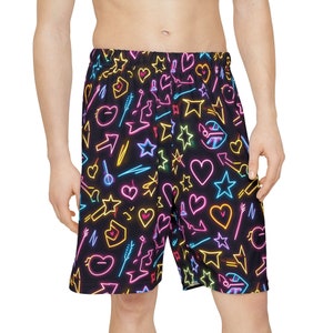 Electric Neon Sign Men&#39;s Shorts - Bold Neon Art Festival Wear, Trippy EDM Raver Shorts, Vibrant Street Style Activewear for Men