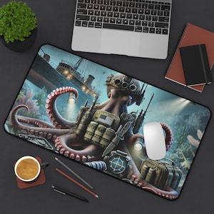 Tactical Octopus XL Extended Mouse Pad | Gamer Desk Mat with Funny Octopus in Tactical Gear Design | Unique Gift for Ocean Adventure Lovers