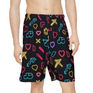 Neon Sign-Inspired Men&#39;s Shorts - Cool Neon Art Pattern Festival Wear, EDM Raver Shorts, Bold Electric Activewear for Men