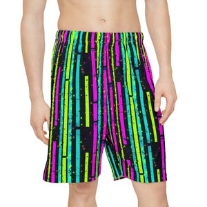 Neon Grunge Lines Men&#39;s Shorts | Trippy Neon Raver Shorts | EDM Festival Apparel | Bold Streetwear | Comfy Neon Activewear for Men