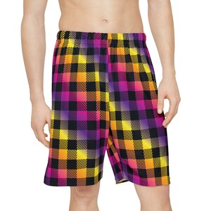 Sunset Color Gradient Plaid Men&#39;s Shorts - Bold Streetwear Style, Festival Raver EDM Wear, Vibrant Summer Activewear for Men