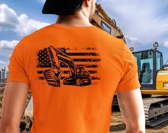 Digging Excavator Shirt | American Flag Design | Heavy Equipment Operator Tee | Construction Hi-Viz Safety Color Shirt | Blue Collar Pride