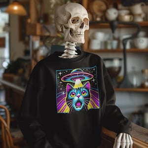 Colorful Cat Abduction Sweater | Cool Cat Picked Up by Spaceship Pullover | Trippy Streetwear Style Space Cat Lovers Gift Cat Alien Apparel