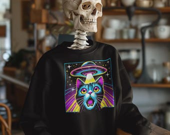 Colorful Cat Abduction Sweater | Cool Cat Picked Up by Spaceship Pullover | Trippy Streetwear Style Space Cat Lovers Gift Cat Alien Apparel