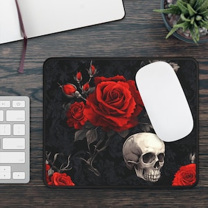 Dark Skull With Rose Mouse Pad | Non Slip Computer Mat | Gothic Style Skulls | Emo Gift | Dark Aesthetic Desk Decor | Unique Goth Gift