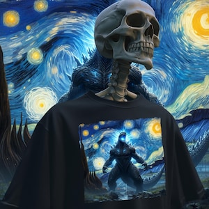 Camiseta gigante de dinosaurio lagarto con cielo nocturno / Arte de noche estrellada inspirado en Kaiju / Camiseta de monstruo estilo anime épico para fanáticos de dinosaurios y Kaiju