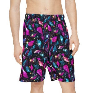 Neon Pink Blue Glitter Shards Men&#39;s Shorts Fun Glittery Print Trippy Rave Shorts Psychedelic Festival Activewear for Men Sparkly Streetwear