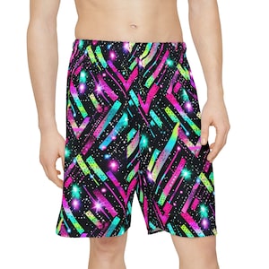 Glitter Lines Pipes Pattern Men&#39;s Shorts - Fun Trippy Rave Shorts, Psychedelic Festival Activewear, Bold Colorful Streetwear for Men