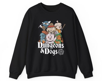 Dungeons and Doggos Funny D&D Parody Sweatshirt | Nerdy Fantasy Game Sweater for Dog Lovers Unique Winter Gift | Cozy Fun Sweatshirt Gamers