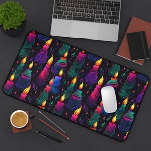 Cute Neon Burning Candles XL Gaming Mouse Pad Extended Desk Mat for Seasonal Office Decor | Vibrant Non-Slip Design