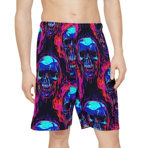 Trippy Neon Flaming Skulls Men&#39;s Shorts - Gothic Skeleton Festival Wear, Dark Trippy Vibe Rave Shorts, Bold Colorful Activewear for Men