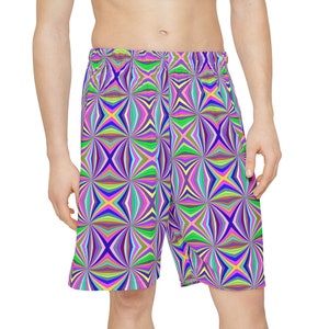 Trippy Psychedelic Shapes Men&#39;s Shorts - Kaleidoscope Style Festival Wear, Eye-Shattering EDM Raver Shorts, Colorful Activewear for Men