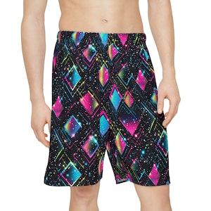 Neon Pink Blue Abstract Diamond Men&#39;s Shorts Fun Diamond Print Trippy Rave Shorts Psychedelic Festival Activewear Men Geometric Streetwear