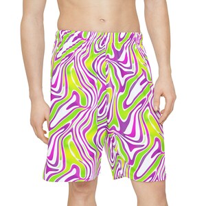 Bright Neon Yellow Purple Swirl Men&#39;s Shorts - Crazy Pattern Festival Wear, Trippy EDM Activewear, Bold Rave Shorts for Men