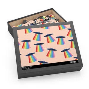 Alien UFO Spaceship Rainbow Puzzle Colorful UFO Pride Pattern, Trippy Alien Jigsaw Fun 120-500 Pieces for UFO Enthusiasts and Puzzle Lovers