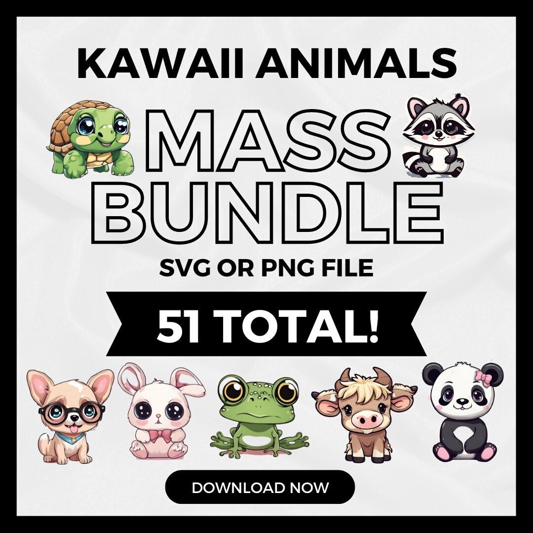 Kuwaii Cute Animals SVG PNG Mass Bundle Download -- Includes Turtles ...