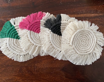Macrame Coasters with Colour Accent | Boho Drink Mat | Tied Mug Rug with Colour Accent | Handmade Macrame Coasters | Macrame Home Decor