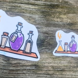 May include: A set of five glass bottles with cork stoppers and labels. The bottles contain different colored liquids, including purple, orange, and yellow. The bottles are arranged on a wooden shelf with a white background. The image includes the text "@Sapphiresquidly".
