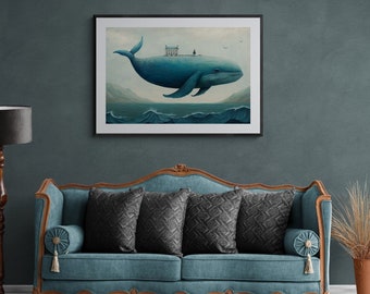 Surreal wall art print, Blue Whale in the mid air.