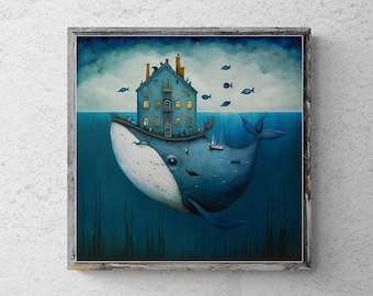 Surreal Wall Art, Blue Whale Home, Digital print