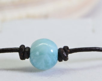 Natural Larimar Leather Sliding knot Bracelet Adjustable Genuine Brown Leather and Dominican Larimar Bohemian Bracelet Gift For Girlfriend