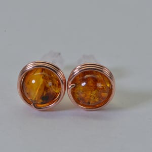 May include: A pair of amber stud earrings. Each earring features a round, polished amber stone encased in a copper wire setting. The amber stones have a warm, golden-orange hue, and the copper wire is tightly wrapped around the stone.