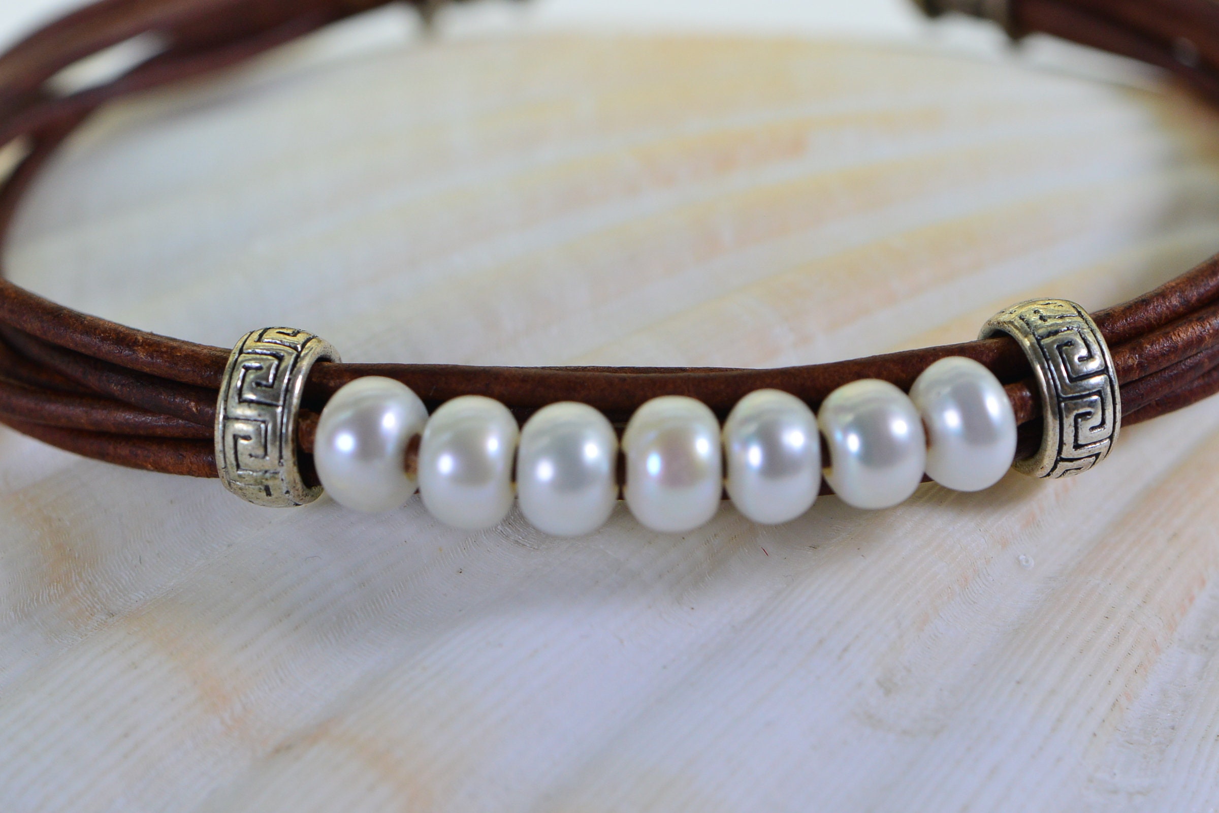 Leather Pearl Bracelet - Etsy