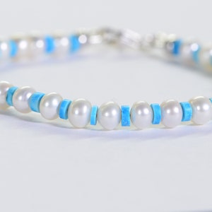 Arizona Blue Turquoise Freshwater White Pearl Beaded Bracelet Natural Sleeping Beauty and Pearl Bracelet Turquoise Anklet, Necklace