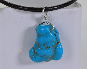 Arizona Turquoise Nugget Pendant: Sterling Silver Wire Wrapped Leather Necklace