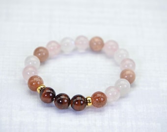 Red Tiger Eye Rose Quartz Bracelet with Moonstone & 14K Gold Beads