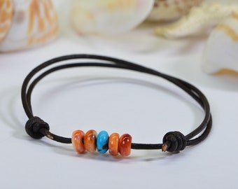 Turquoise Beaded Leather Cord Bracelet: Adjustable Friendship Jewelry