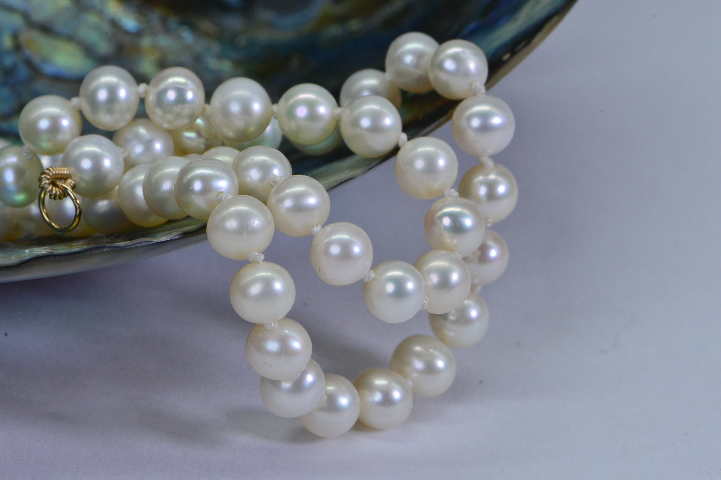 AAA Freshwater Pearl Necklace: 14K Gold, Knotted Silk Cord