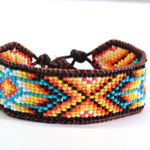 Aztec Seed Bead Leather Bracelet: Loom Woven Friendship Jewelry